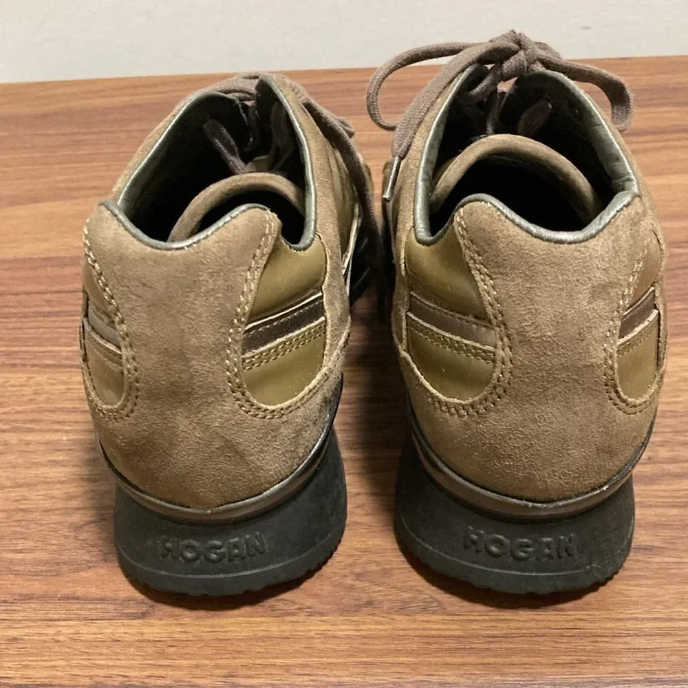 Hogan Womens’ Brown Suede & Olive Green Leather Low Top Sneaker. Size EU 36.5.